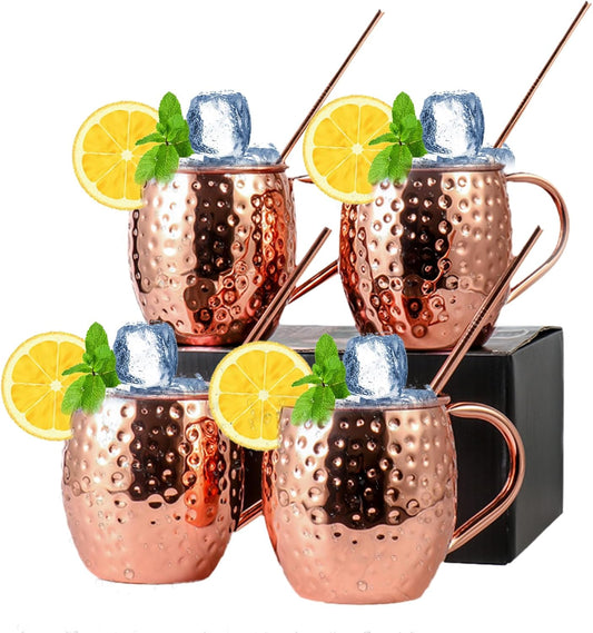 Moscow Mule Copper Mugs of 4 18-oz Pure Copper Plating Stainless Steel Drinking Cup with 4 Cocktail Copper Straws Great Dining Entertaining Bar Gift Kemu |Fashion Home Kitchen Beauty