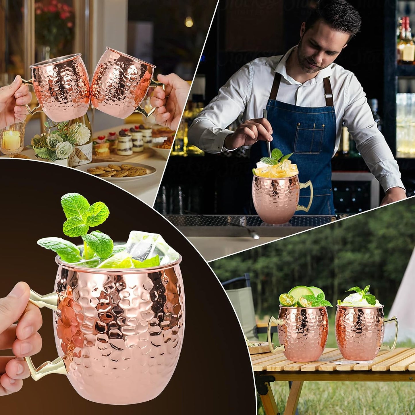 Moscow Mule Mugs Set of 4, 16 OZ Hammered Copper Cups with 304 Stainless Steel Lining and Gold Brass Handles, for Cold Drinks, Beer, Wine, Bars, Parties Kemu |Fashion Home Kitchen Beauty