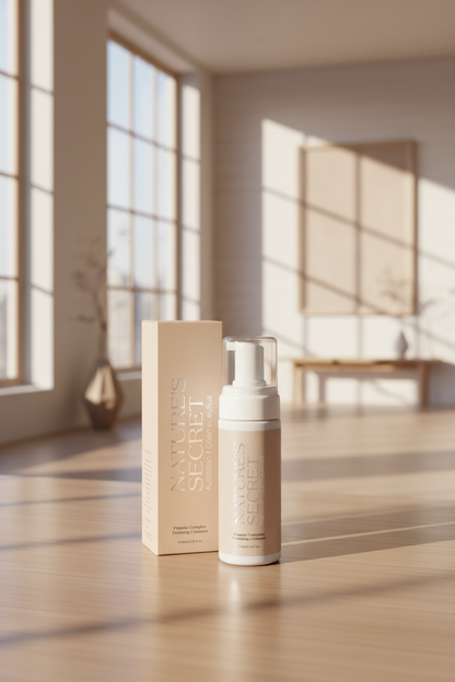 Nature's Secret Foaming Cleanser bottle and its matching outer box, both in a warm cream color, set on a light wooden floor in a bright, modern room with large windows and soft sunlight.