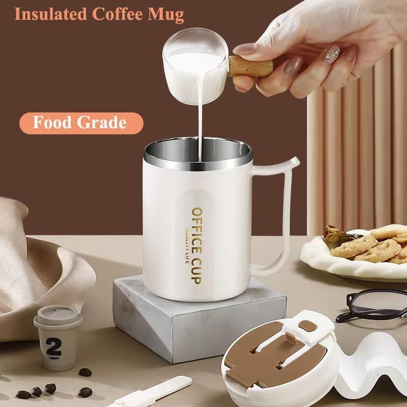 White and Brown 16oz Stainless Steel Office Mug with Phone Stand Lid, Straw and Spoon - 500ML Double Wall Insulated Coffee Cup, Wide Handle and 3 Drinking Ways Kemu |Fashion Home Kitchen Beauty