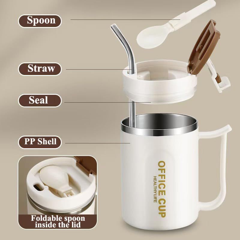 White and Brown 16oz Stainless Steel Office Mug with Phone Stand Lid, Straw and Spoon - 500ML Double Wall Insulated Coffee Cup, Wide Handle and 3 Drinking Ways Kemu |Fashion Home Kitchen Beauty