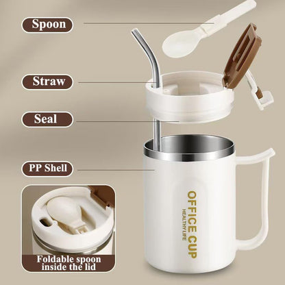 White and Brown 16oz Stainless Steel Office Mug with Phone Stand Lid, Straw and Spoon - 500ML Double Wall Insulated Coffee Cup, Wide Handle and 3 Drinking Ways Kemu |Fashion Home Kitchen Beauty