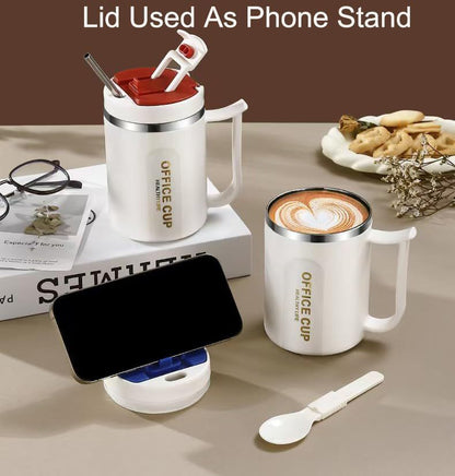 White and Brown 16oz Stainless Steel Office Mug with Phone Stand Lid, Straw and Spoon - 500ML Double Wall Insulated Coffee Cup, Wide Handle and 3 Drinking Ways Kemu |Fashion Home Kitchen Beauty