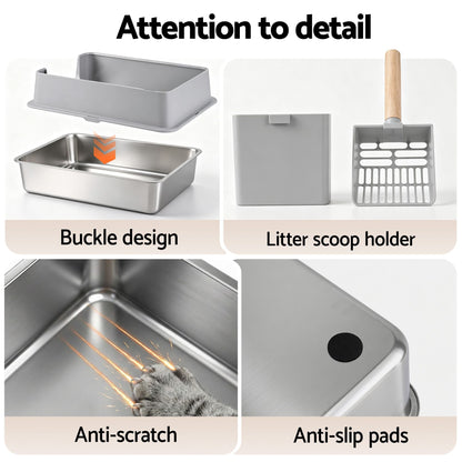 i.Pet XXL Cat Litter Box Stainless Steel Jumbo Semi-Enclosed Pet Kitty Toilet Grey Kemu |Fashion Home Kitchen Beauty