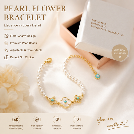 Gold and white pearl flower charm bracelet with turquoise accents, displayed next to its white gift box on a soft cream background with decorative text overlays.