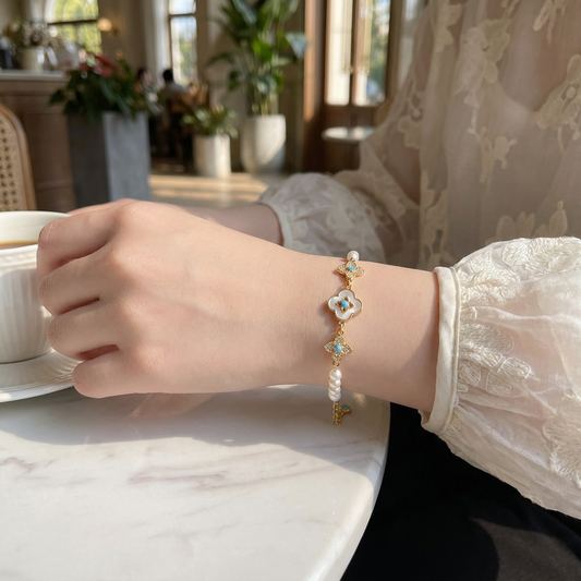 Pearl Flower Bracelet for Women – Adjustable Faux Pearl Beaded Bracelet with Gold Floral Charm, Elegant Lightweight Fashion Wrist Jewellery, Gift Box Included, Bridal, Birthday & Everyday Wear Kemu |Fashion Home Kitchen Beauty