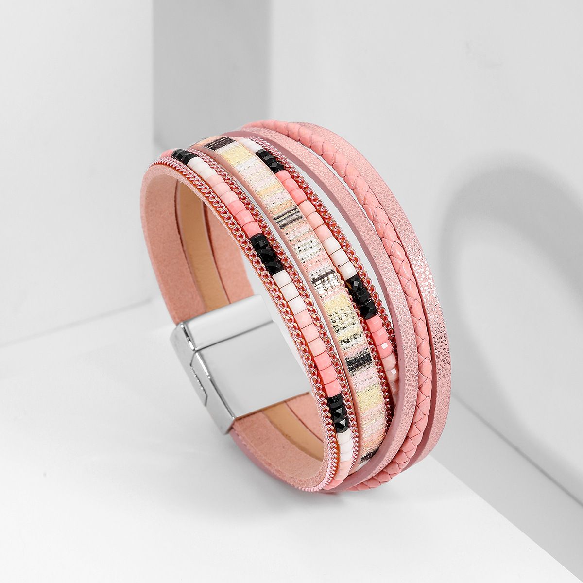 Pink Bohemian Multi-Layer Leather Bracelet for Women - PU Faux Leather with Alloy Magnetic Clasp - Handwoven Cuff Bangle, Lightweight Fashion Jewelry Accessory Kemu |Fashion Home Kitchen Beauty