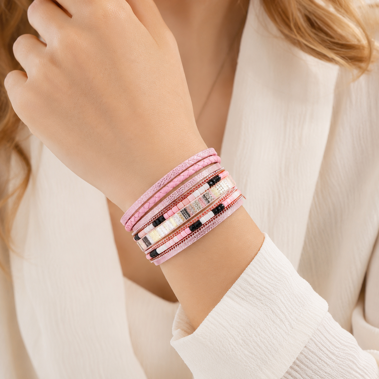 Pink Bohemian Multi-Layer Leather Bracelet for Women - PU Faux Leather with Alloy Magnetic Clasp - Handwoven Cuff Bangle, Lightweight Fashion Jewelry Accessory Kemu |Fashion Home Kitchen Beauty