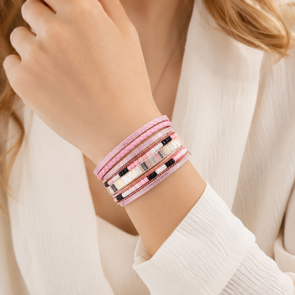 Pink Bohemian Multi-Layer Leather Bracelet for Women - PU Faux Leather with Alloy Magnetic Clasp - Handwoven Cuff Bangle, Lightweight Fashion Jewelry Accessory Kemu |Fashion Home Kitchen Beauty