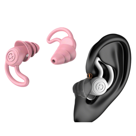 Pink wireless earbuds with a black earbud on a white background