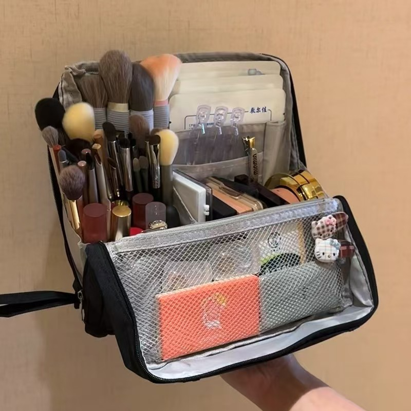 Portable Multi-Functional Toiletry Bag, Stand-Up Large-Capacity Storage Bag for Makeup Brushes, Cosmetics, and Toiletries, Jinbu Multi-Compartment Storage Bag - Black Kemu |Fashion Home Kitchen Beauty