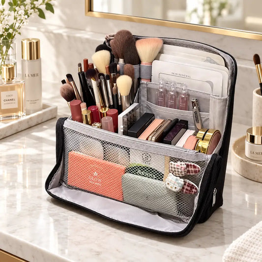 Black Stand-Up Makeup & Toiletry Bag – Multi-Compartment Organiser