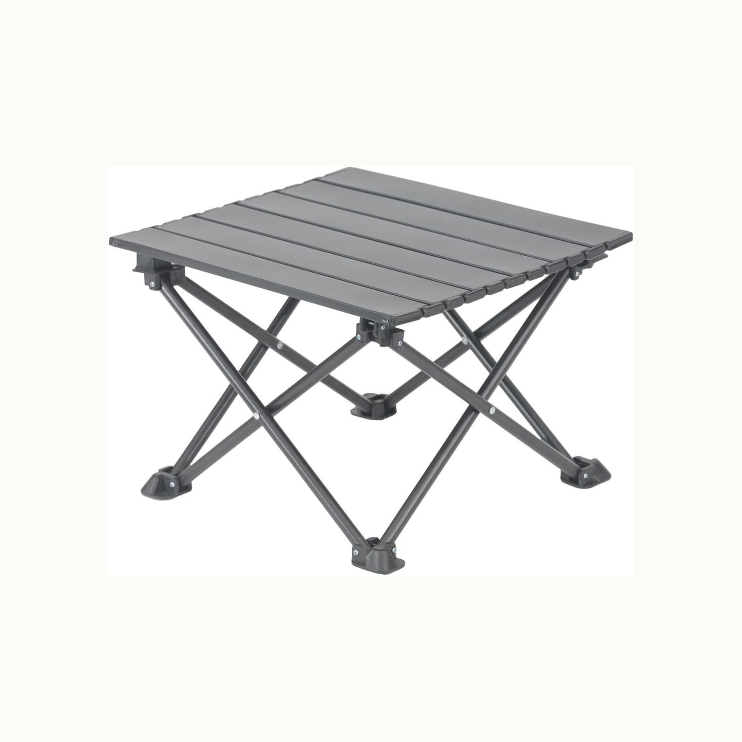 A dark gray portable folding camp table with a slatted top and X-frame legs, shown on a plain off-white background.