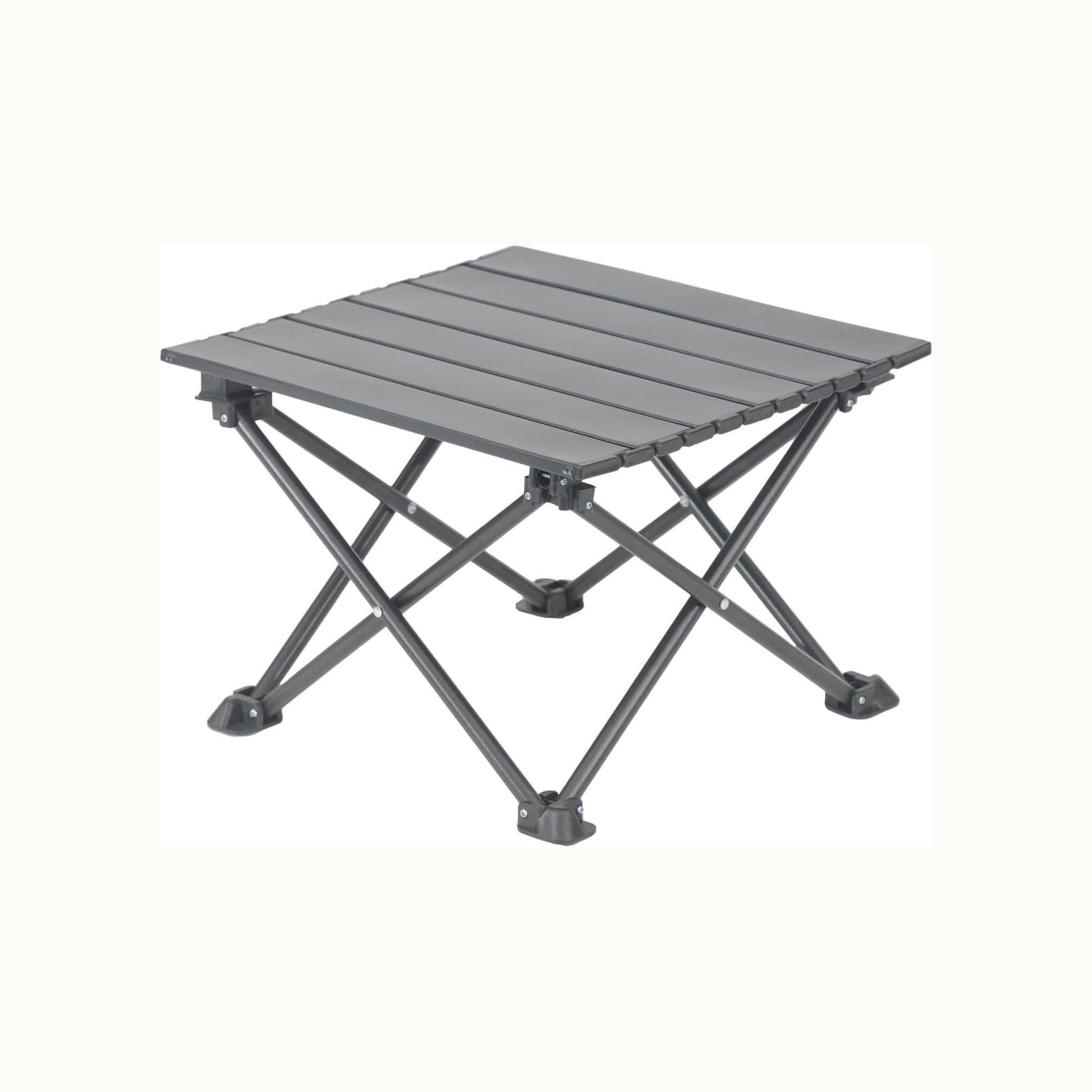 A dark gray portable folding camp table with a slatted top and X-frame legs, shown on a plain off-white background.