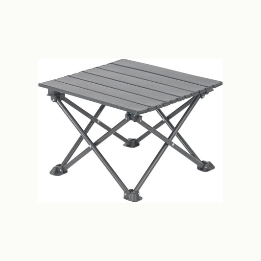 A dark gray portable folding camp table with a slatted top and X-frame legs, shown on a plain off-white background.