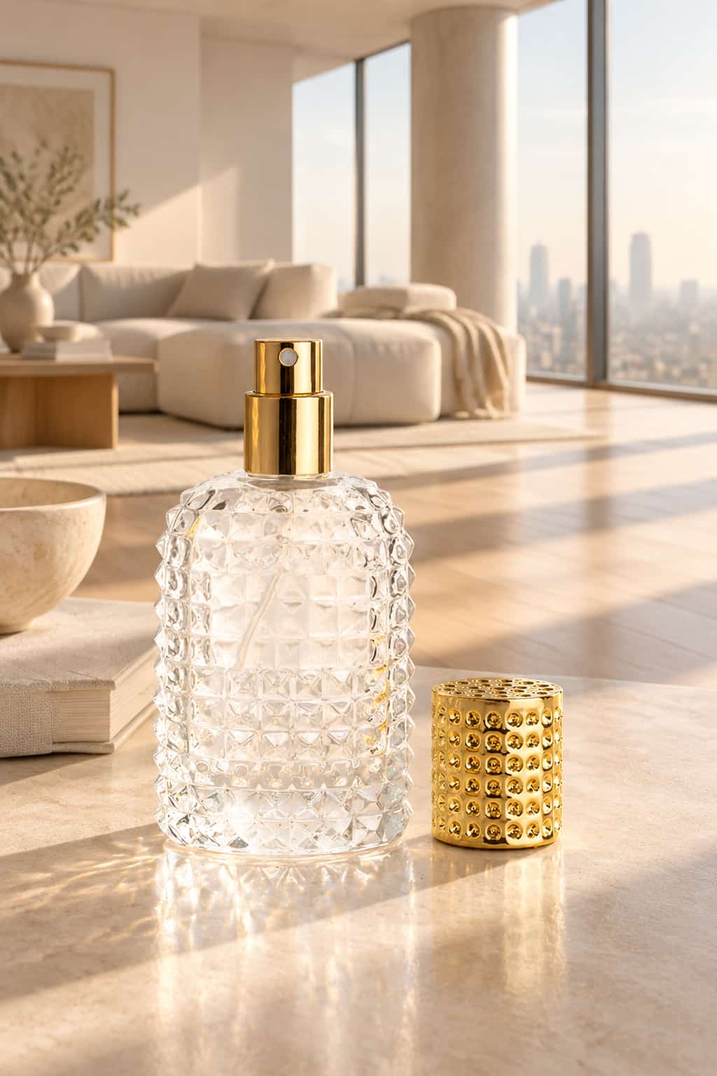 A clear textured glass bottle with a gold spray top sits on a polished stone surface beside a matching small gold textured container in a bright modern loft interior.