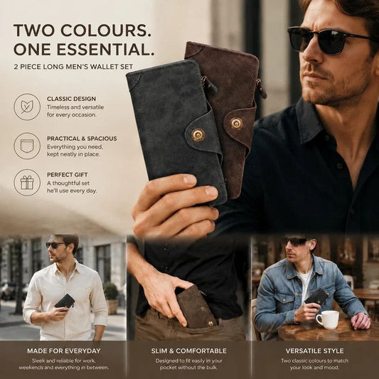 Dual Color Retro Long Men Billfold 2 Pcs Set, Magnetic Portable Hand Wallet, Exquisite Casual Present Bundle, Grey & Coffee Kemu |Fashion Home Kitchen Beauty
