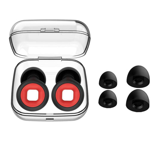 Black earbud tips with red accents in a clear case on a white background