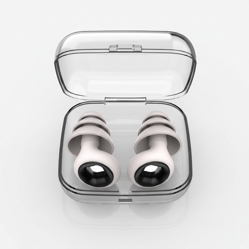A pair of white and black earplugs inside an open transparent plastic storage case on a clean white background.