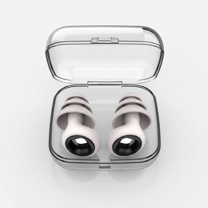 A pair of white and black earplugs inside an open transparent plastic storage case on a clean white background.