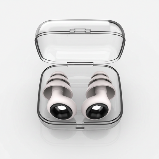 A pair of white and black earplugs inside an open transparent plastic storage case on a clean white background.