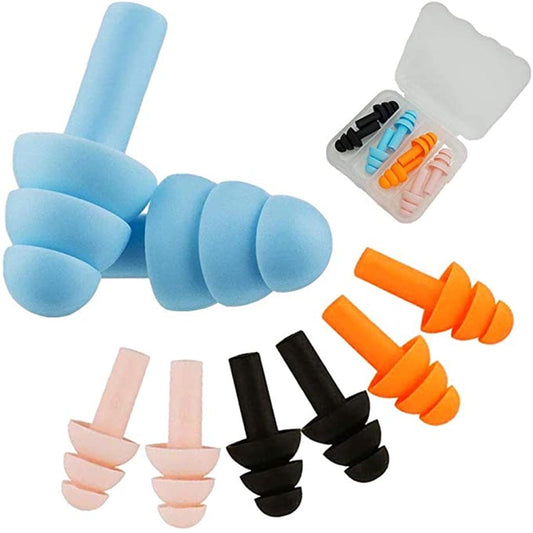 Set of blue, orange, pink, and black earplugs with a carrying case on a white background.