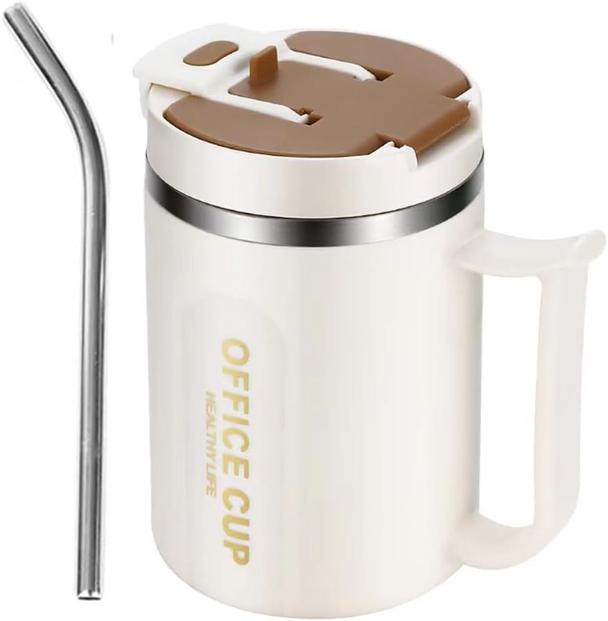 White and Brown 16oz Stainless Steel Office Mug with Phone Stand Lid, Straw and Spoon - 500ML Double Wall Insulated Coffee Cup, Wide Handle and 3 Drinking Ways Kemu |Fashion Home Kitchen Beauty
