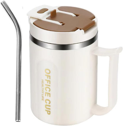 White and Brown 16oz Stainless Steel Office Mug with Phone Stand Lid, Straw and Spoon - 500ML Double Wall Insulated Coffee Cup, Wide Handle and 3 Drinking Ways Kemu |Fashion Home Kitchen Beauty