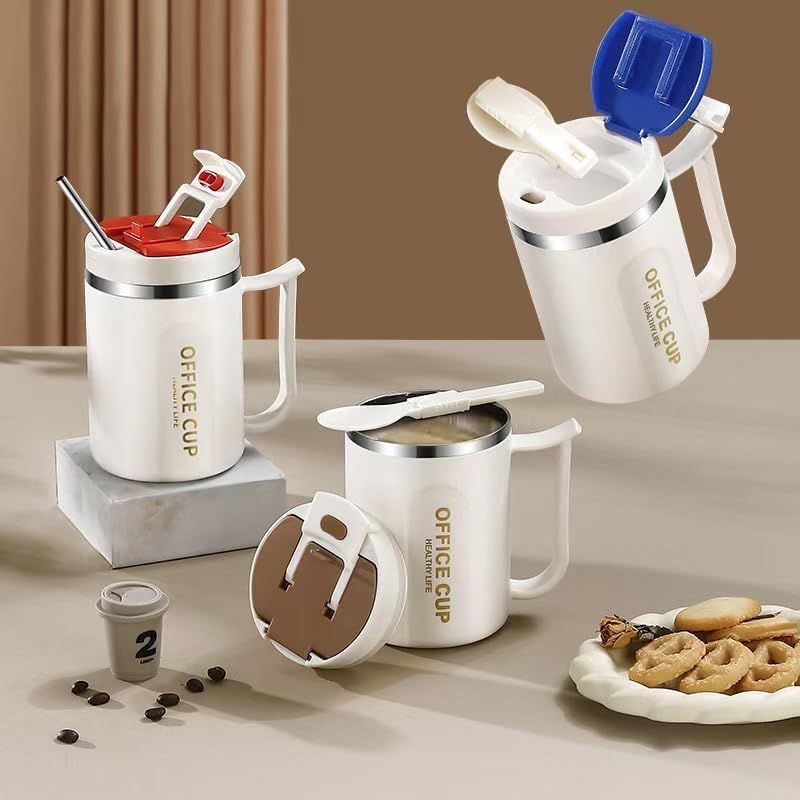 White and Brown 16oz Stainless Steel Office Mug with Phone Stand Lid, Straw and Spoon - 500ML Double Wall Insulated Coffee Cup, Wide Handle and 3 Drinking Ways Kemu |Fashion Home Kitchen Beauty