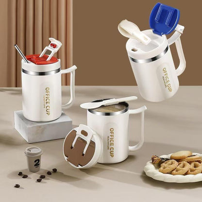 White and Brown 16oz Stainless Steel Office Mug with Phone Stand Lid, Straw and Spoon - 500ML Double Wall Insulated Coffee Cup, Wide Handle and 3 Drinking Ways Kemu |Fashion Home Kitchen Beauty
