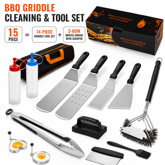 15-Piece Stainless Steel BBQ Griddle Tools and 3-Row Grill Cleaning Wire Brush Set, Portable Outdoor Barbecue Accessories Kit with 4 Spatulas, Tongs, Scraper, Heart / Round Egg Rings, 2 Oil Bottles and Storage Bag Kemu |Fashion Home Kitchen Beauty