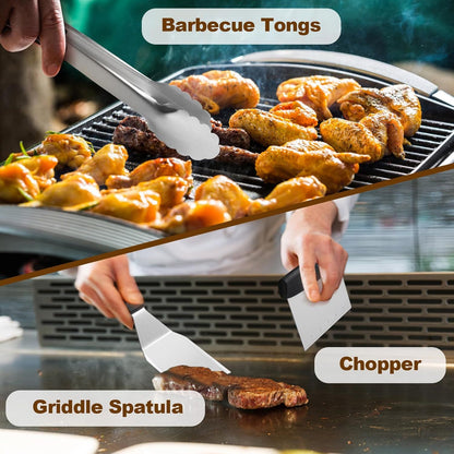 15-Piece Stainless Steel BBQ Griddle Tools and 3-Row Grill Cleaning Wire Brush Set, Portable Outdoor Barbecue Accessories Kit with 4 Spatulas, Tongs, Scraper, Heart / Round Egg Rings, 2 Oil Bottles and Storage Bag Kemu |Fashion Home Kitchen Beauty