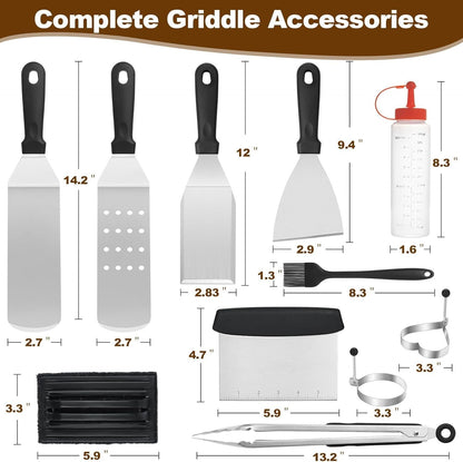 15-Piece Stainless Steel BBQ Griddle Tools and 3-Row Grill Cleaning Wire Brush Set, Portable Outdoor Barbecue Accessories Kit with 4 Spatulas, Tongs, Scraper, Heart / Round Egg Rings, 2 Oil Bottles and Storage Bag Kemu |Fashion Home Kitchen Beauty