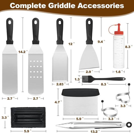 15-Piece Stainless Steel BBQ Griddle Tools and 3-Row Grill Cleaning Wire Brush Set, Portable Outdoor Barbecue Accessories Kit with 4 Spatulas, Tongs, Scraper, Heart / Round Egg Rings, 2 Oil Bottles and Storage Bag Kemu |Fashion Home Kitchen Beauty