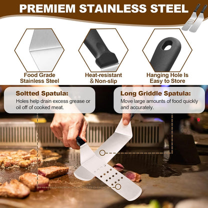 15-Piece Stainless Steel BBQ Griddle Tools and 3-Row Grill Cleaning Wire Brush Set, Portable Outdoor Barbecue Accessories Kit with 4 Spatulas, Tongs, Scraper, Heart / Round Egg Rings, 2 Oil Bottles and Storage Bag Kemu |Fashion Home Kitchen Beauty