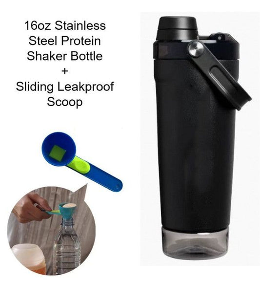 Black Sports Nutritional Drinkware Set with 16oz Stainless Steel Protein Shaker Bottle and Sliding Anti-spill Scoop - Vacuum Insulated Gym Flask with Detachable Bottom Storage Capsule and Quick-Open Lid, Filter Net & Portable Handle for Gym and Outdoor Wo Kemu |Fashion Home Kitchen Beauty