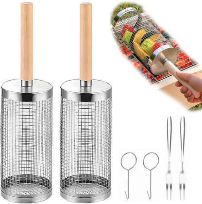 304 Stainless Steel Rolling Grill Basket Set with Removable Handle for Vegetables, Shrimp and Outdoor BBQ, Nesting Design, Silver Kemu |Fashion Home Kitchen Beauty