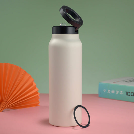 Stainless Steel Insulated Water Bottle with Integrated Magnetic Phone Stand - Beige (32oz) Kemu |Fashion Home Kitchen Beauty