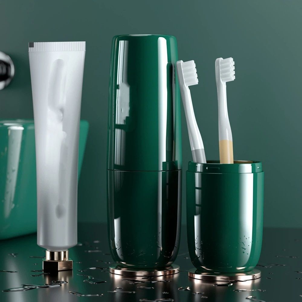 Luxury Green Toothbrush Travel Case, Portable Travel Toothbrush & Toothpaste Holder Cover Organizer Container with Mouthwash Cup for School, Camping, Business Trip, Bathroom Storage（only one mouthwash cup） Kemu |Fashion Home Kitchen Beauty