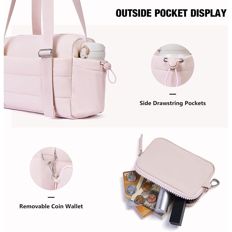Pink Women’s Fluffy Nylon Gym Travel Tote Bag and Coin Purse Set - Side Drawstring Cup Holder, Front / Back Zipper Pockets and Wet & Dry Separation, Large Capacity and Lightweight 11.7 x 4.2 x 8" Kemu |Fashion Home Kitchen Beauty