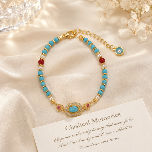 Turquoise Beaded Bracelet for Women – Adjustable Vintage Boho Bracelet with Gold-Tone Oval Charm, Turquoise & Pearl Beads, Lightweight Bohemian Wrist Jewellery Kemu |Fashion Home Kitchen Beauty