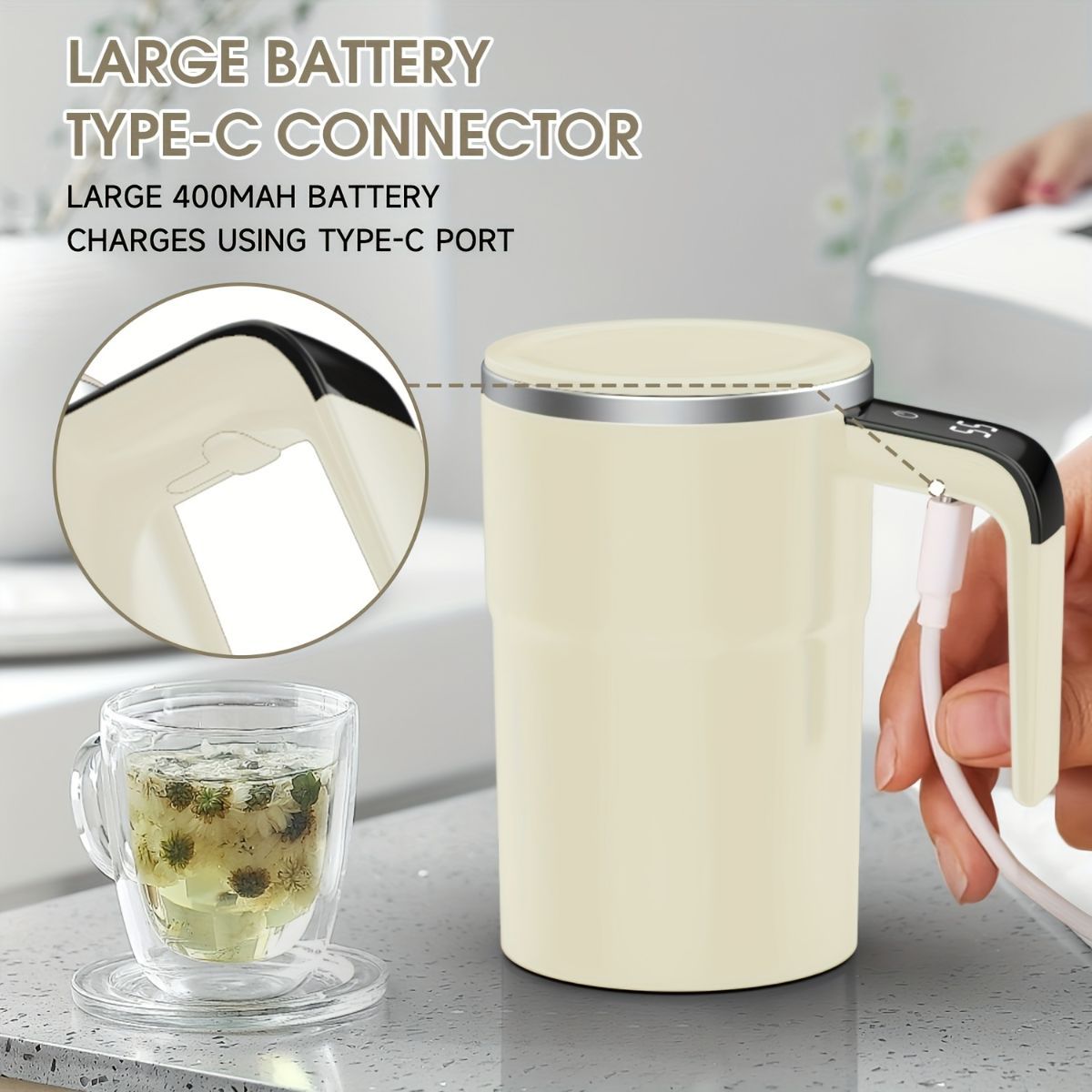 Self-Stirring Coffee Mug Automatic Stir Mug LED Temperature Mug Rechargeable - White - Size 380ML Kemu |Fashion Home Kitchen Beauty
