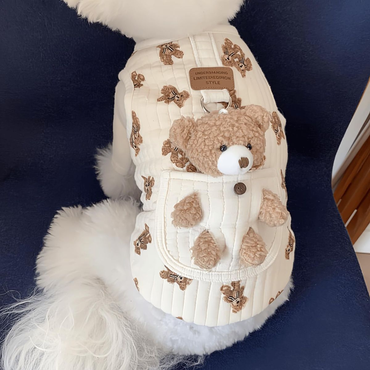 Pet Sweater Plush Bear Pattern Sleeveless Pet Clothing Puppy Outfit Kitten - Ivory - Size L