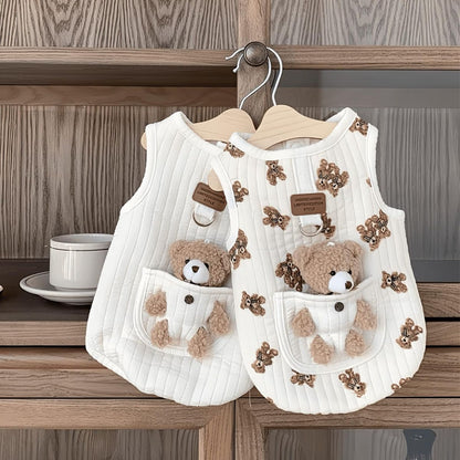 Pet Sweater Plush Bear Pattern Sleeveless Pet Clothing Puppy Outfit Kitten - White - Size M