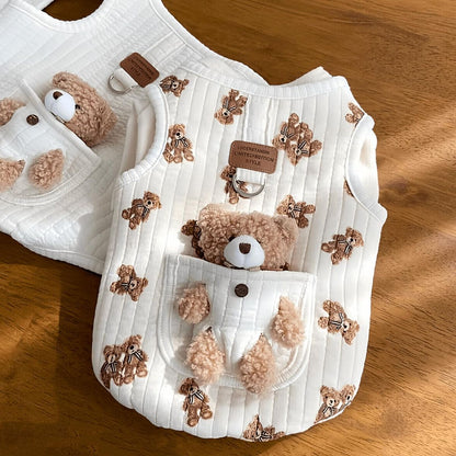 Pet Sweater Plush Bear Pattern Sleeveless Pet Clothing Puppy Outfit Kitten - White - Size S
