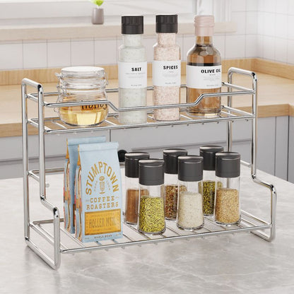 304 Stainless Steel Two Layers Tabletop Storage Rack Kitchen Spice Rack Bathroom Cosmetics Mouthwash Cup Organizer Shelf-Silver Kemu |Fashion Home Kitchen Beauty