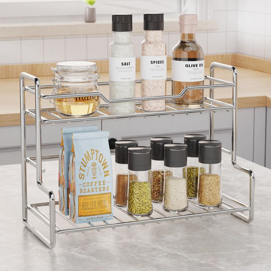 304 Stainless Steel Two Layers Tabletop Storage Rack Kitchen Spice Rack Bathroom Cosmetics Mouthwash Cup Organizer Shelf-Silver Kemu |Fashion Home Kitchen Beauty