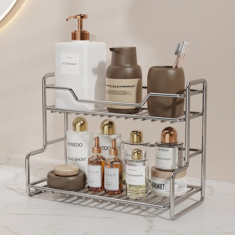 304 Stainless Steel Two Layers Tabletop Storage Rack Kitchen Spice Rack Bathroom Cosmetics Mouthwash Cup Organizer Shelf-Silver Kemu |Fashion Home Kitchen Beauty