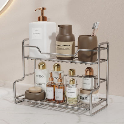 304 Stainless Steel Two Layers Tabletop Storage Rack Kitchen Spice Rack Bathroom Cosmetics Mouthwash Cup Organizer Shelf-Silver Kemu |Fashion Home Kitchen Beauty