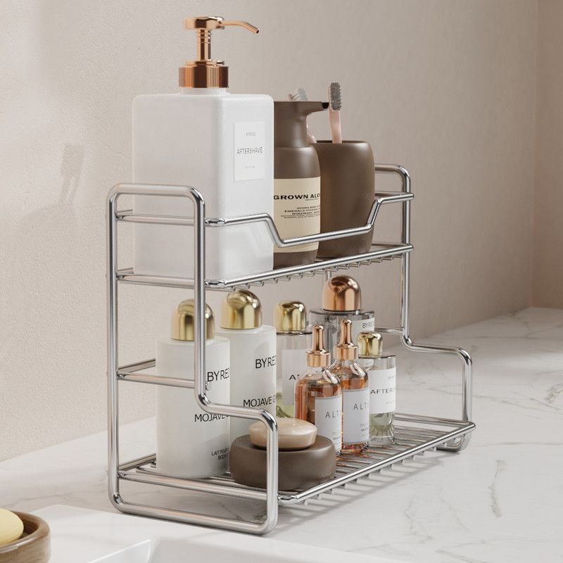 304 Stainless Steel Two Layers Tabletop Storage Rack Kitchen Spice Rack Bathroom Cosmetics Mouthwash Cup Organizer Shelf-Silver Kemu |Fashion Home Kitchen Beauty